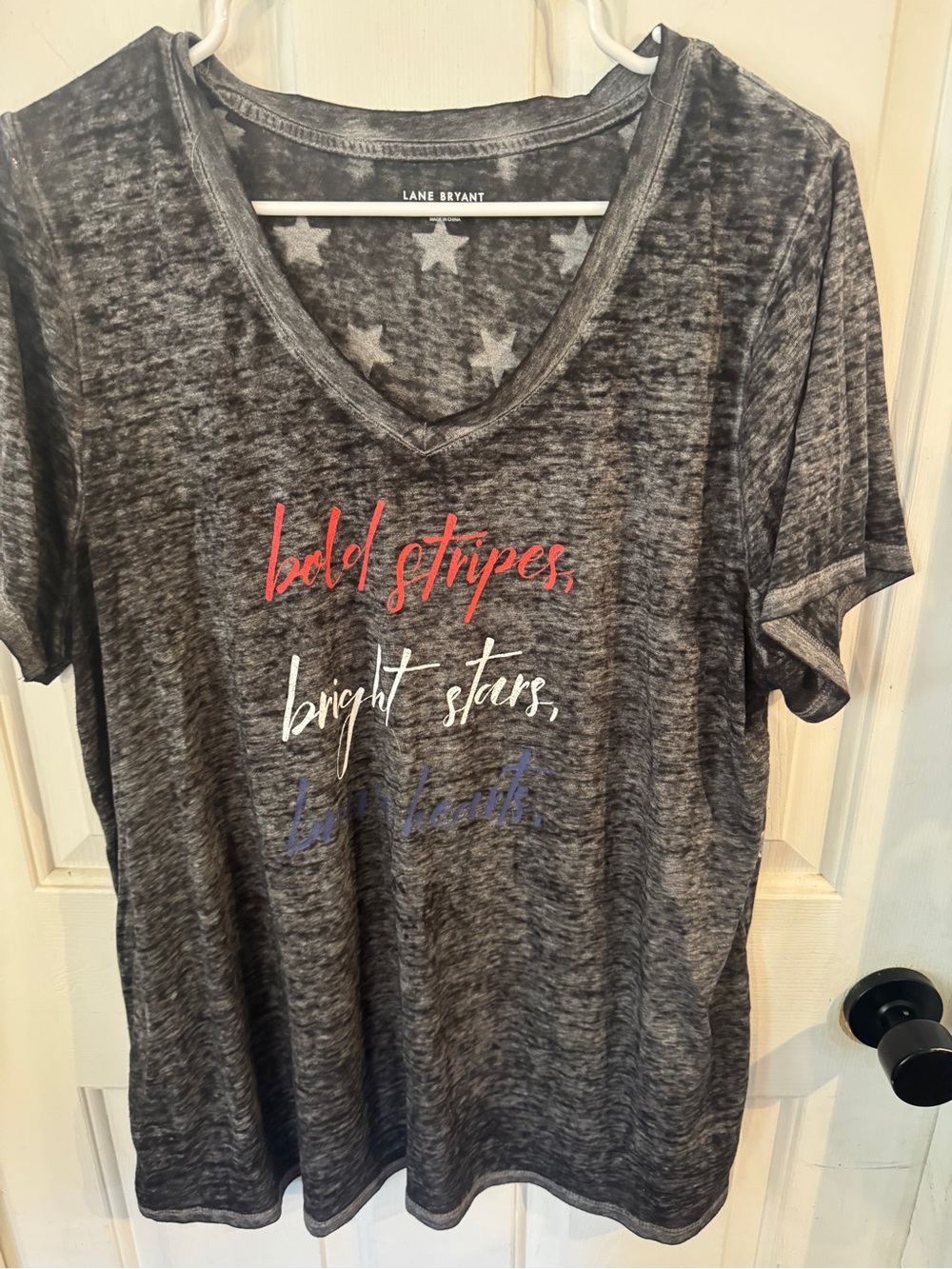 Lane Bryant Charcoal V-Neck Tee with Red, White & Blue Script